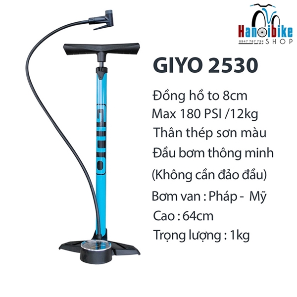 Bơm xe đạp Giyo 2530 mẫu van thông minh áp xuất 180psi sử dụng cho cả van cối, van gạo